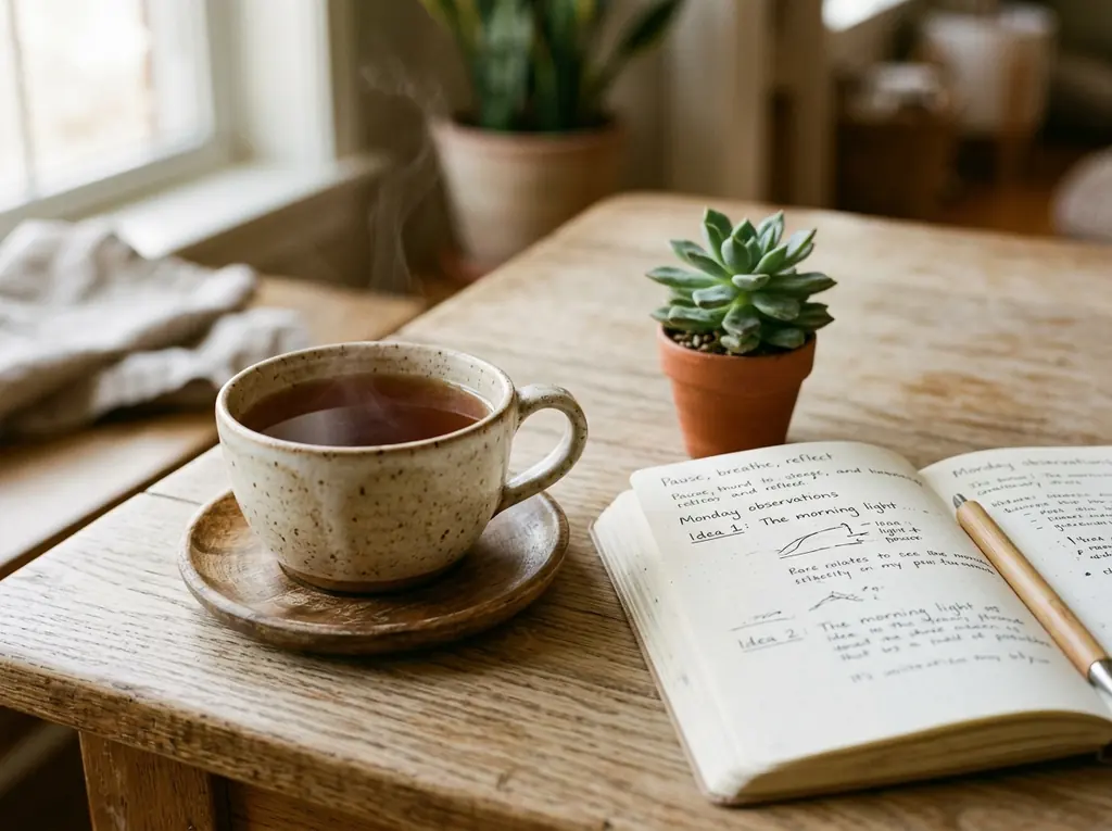 Xícara de chá e diário sobre mesa de madeira