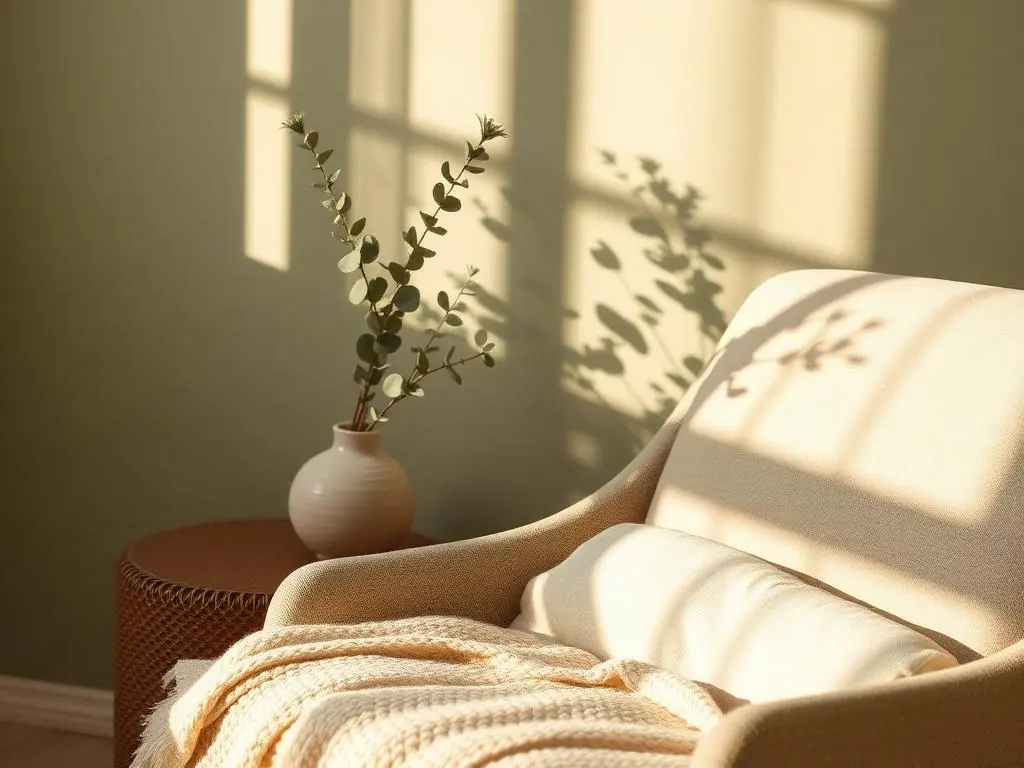 Detalhe do espaço com manta e vaso de eucalipto