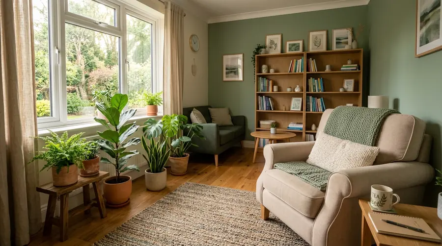 Consultório de psicologia acolhedor com poltrona, plantas e luz natural